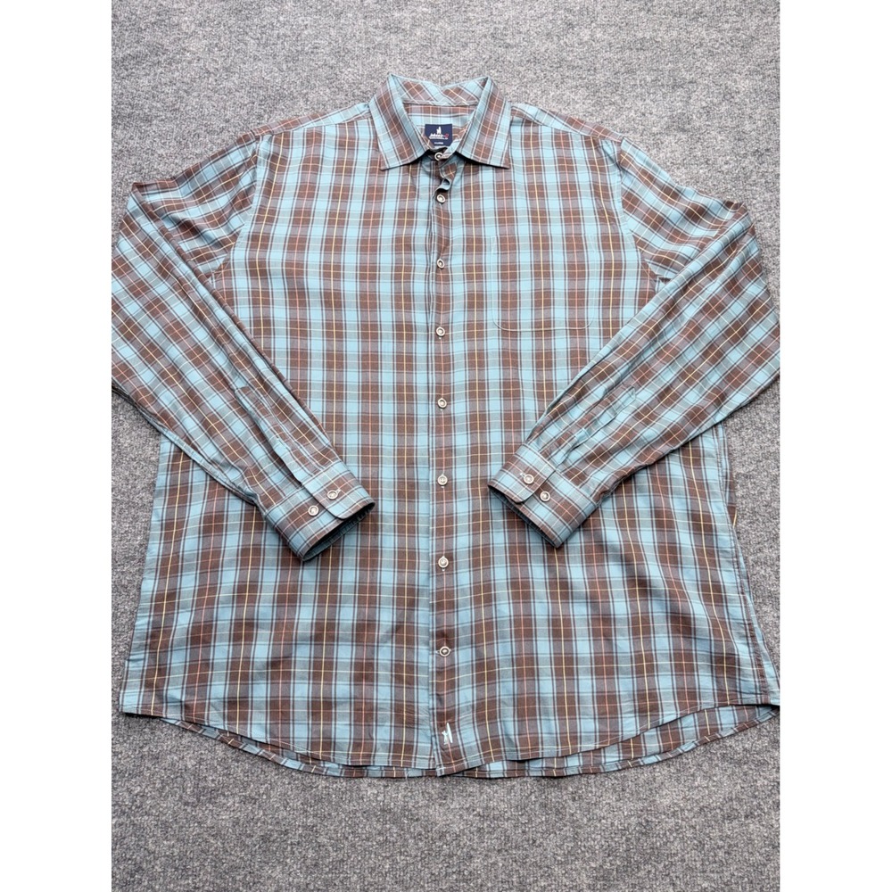 Johnnie-O Mens XL Blue Brown Plaid Long Sleeve Button‎ Down Santa Monica Shirt